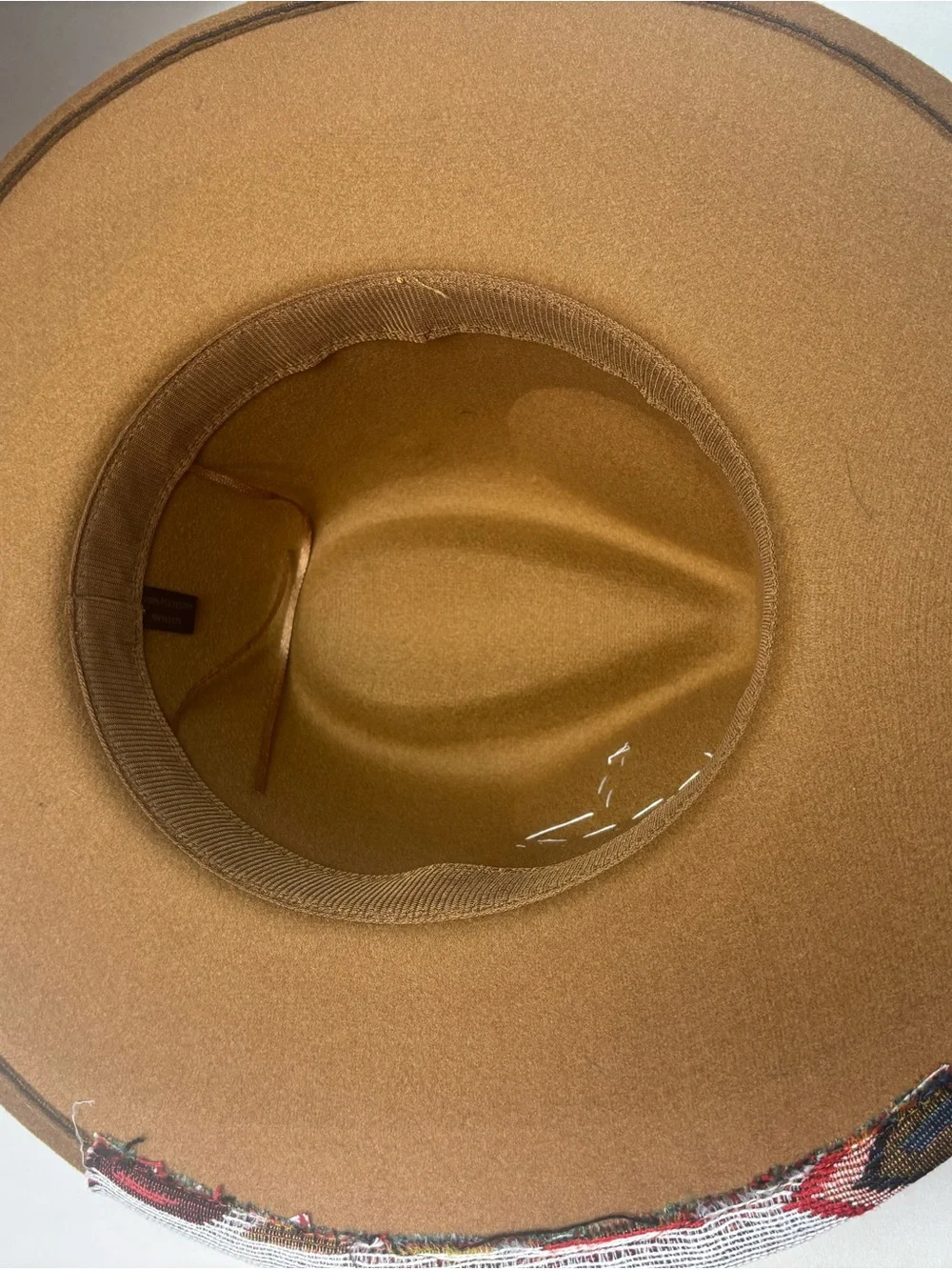 Women’s Tan Wide-Brim Felt Hat with Patterned Frayed Band